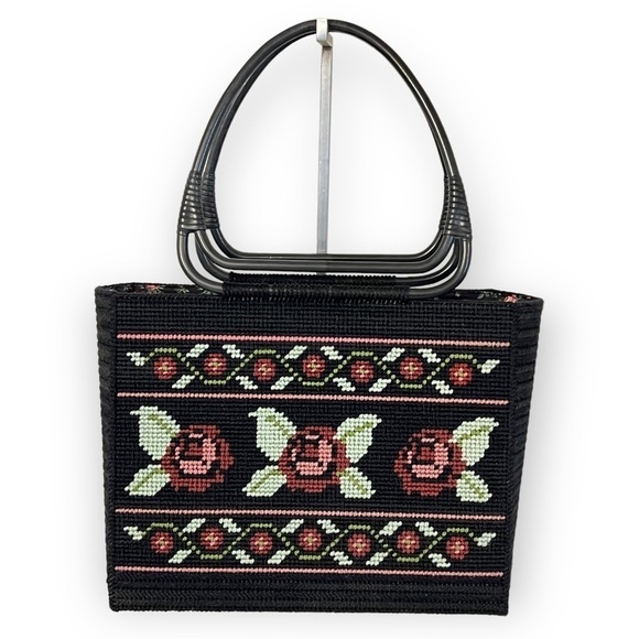 VINTAGE Handmade Needlepoint Rose Tote Bag Black Pink Green Grandma Granny - Picture 3 of 7